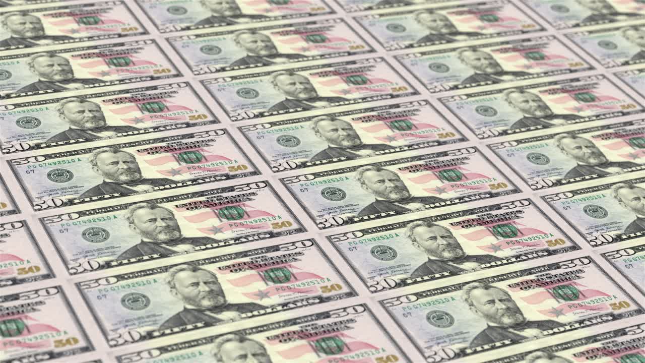 미국 달러 지폐 인쇄: 돈 인쇄 기계에서 50 달러 지폐 3d 애니메이션