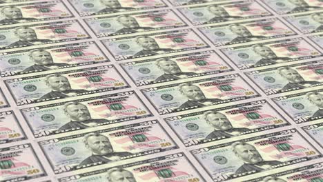 american dollar banknote printing. 50 dollar bills on money printing machine. 3d animation.