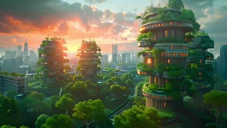 futuristic eco-city with green skyscrapers at sunset