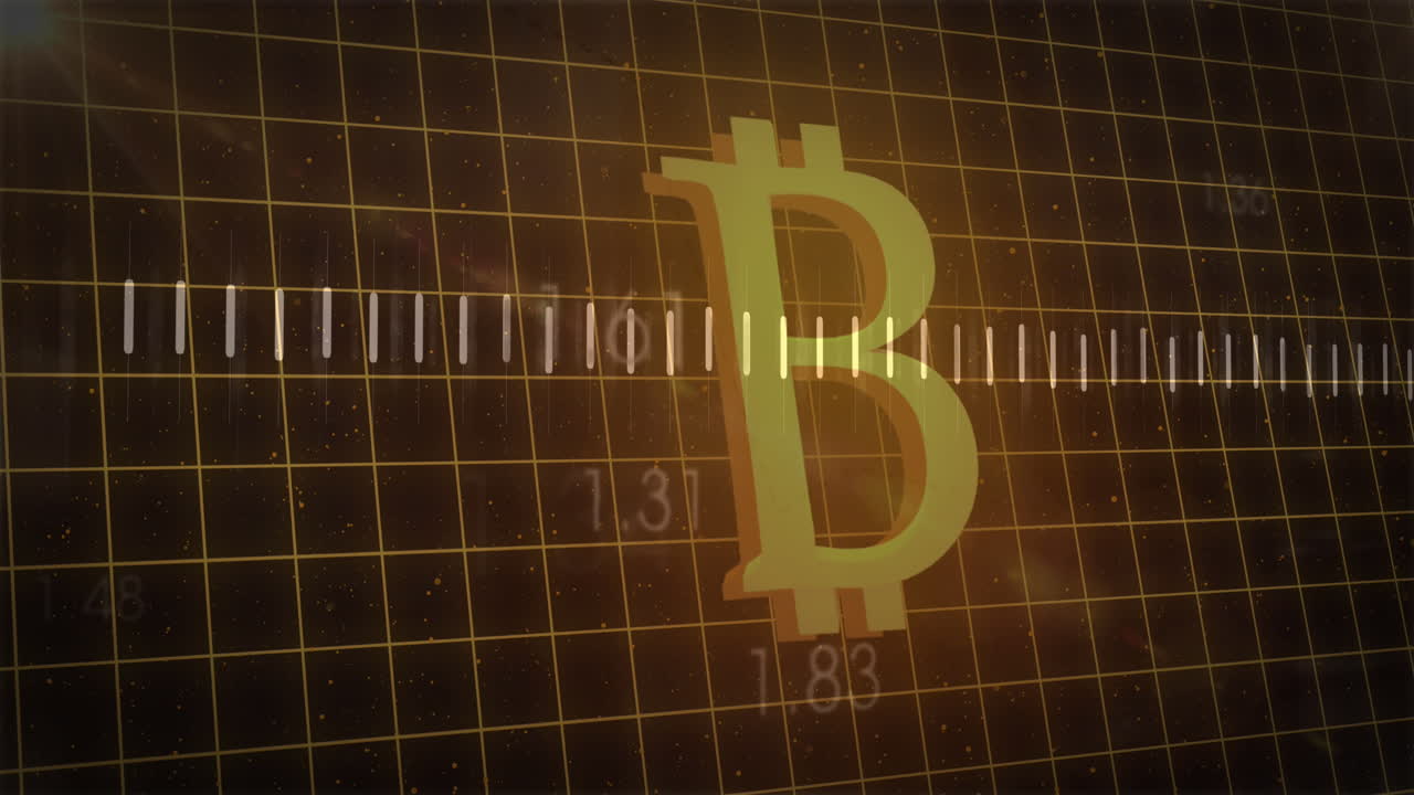 animación del procesamiento de datos financieros sobre el signo bitcoin, sobre fondo negro