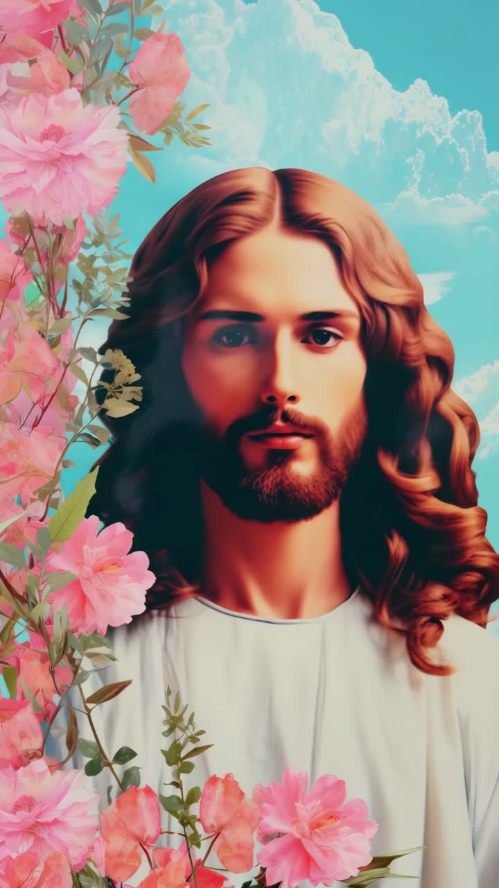 Pembe çiçeklerle çevrili uzun saçlı bir figürün önden çekilmiş sakin bir video karesi.