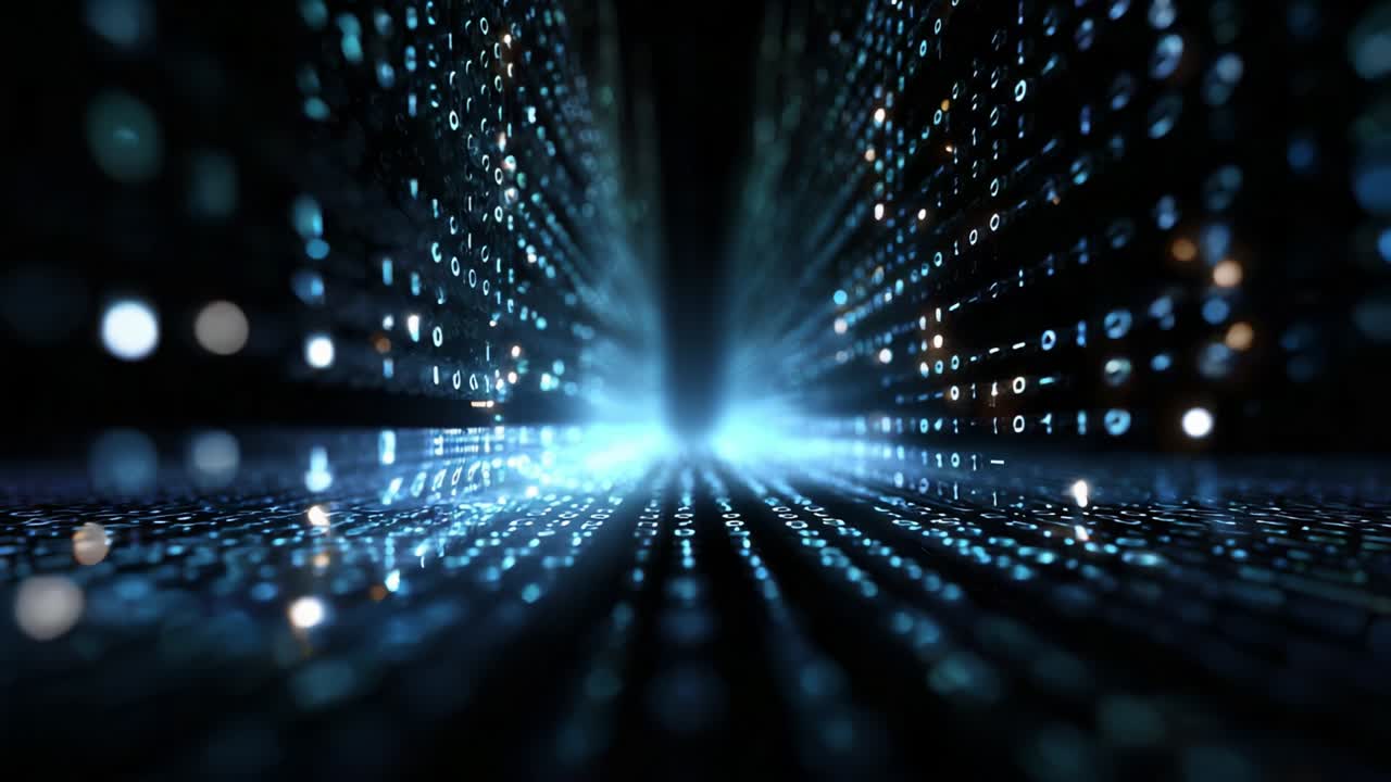 A mesmerizing visual representation of data flow illustrates the dynamic journey through a tunnel of binary code, capturing the essence of digital transformation, innovation, and technology in a captivating light-filled scene