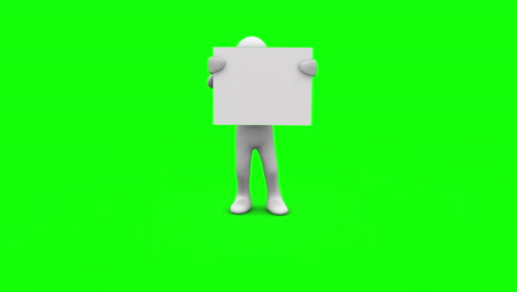 character holding white sign on green screen