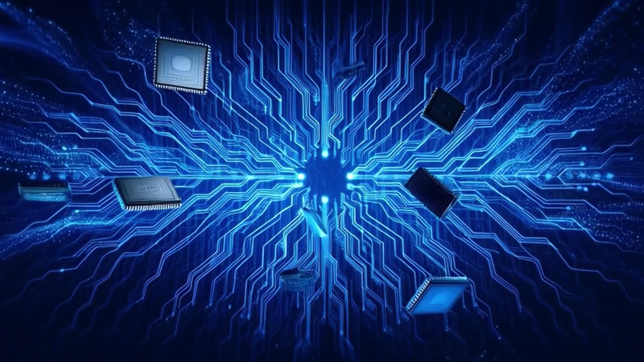 Computer Microchips Floating Over Digital Circuit Board Background