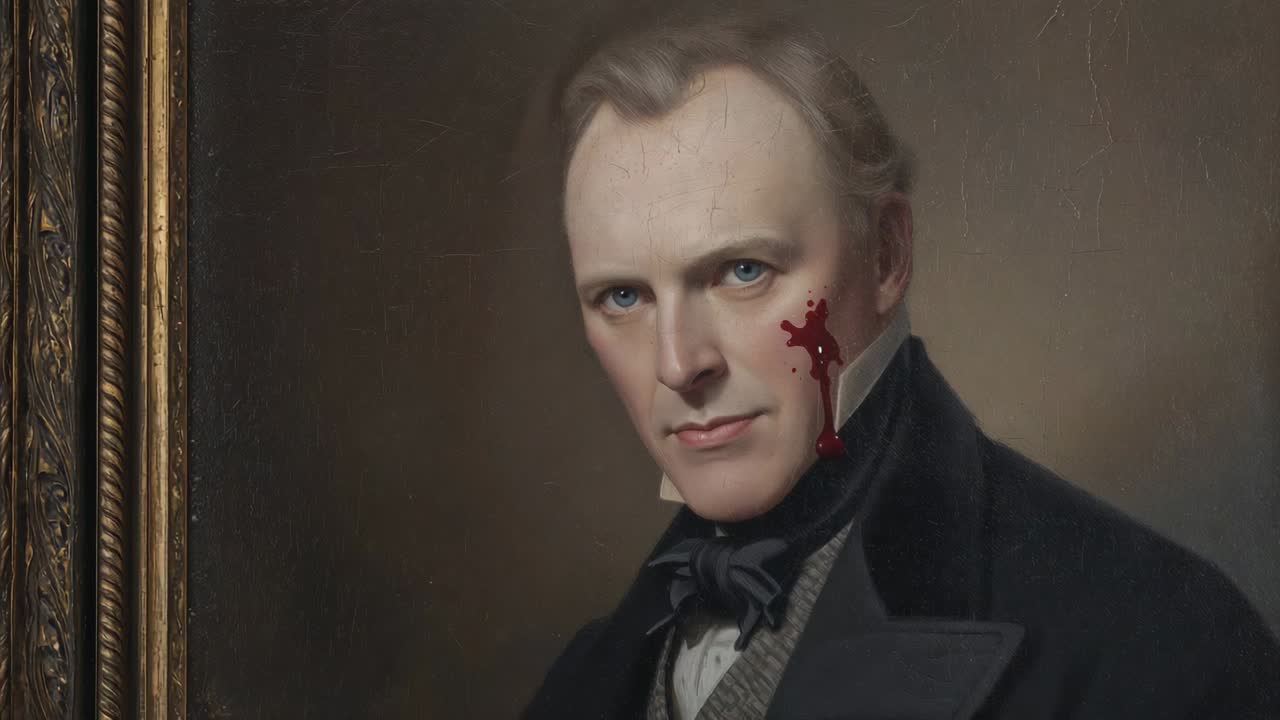 Frames revealing red stain running down oil portrait man's cheek at gallery, high collar bow tie