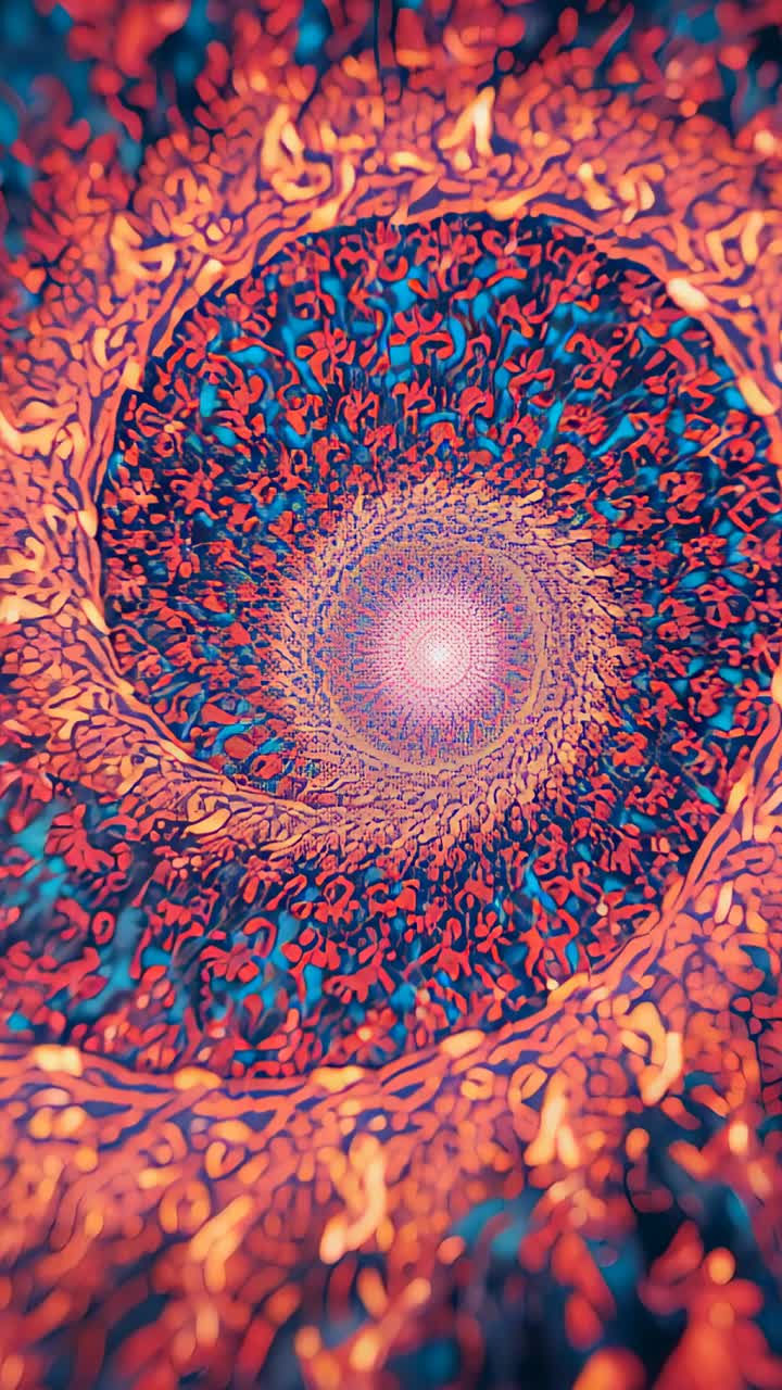 Vertical video: On start zooming inward, spiral fractal rotating in blue space toward glowing core
