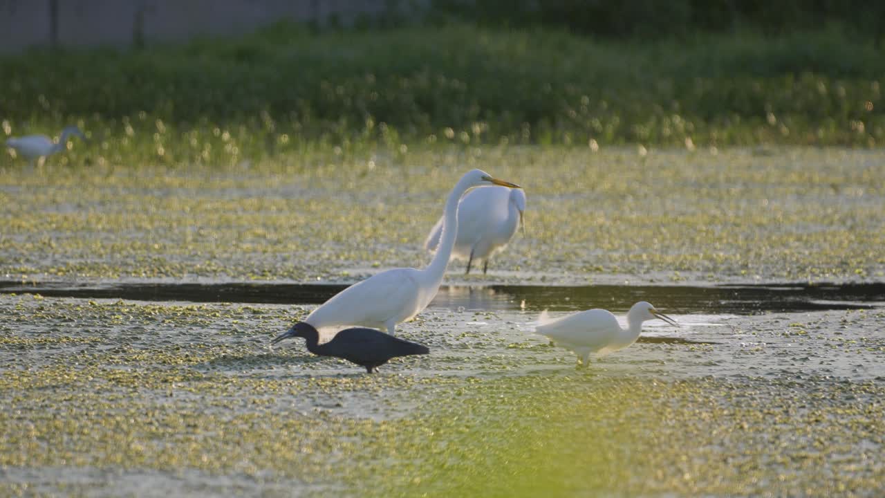 эгреты и маленькие голубые цапли в мелководье водорослей водно-болотных угодий