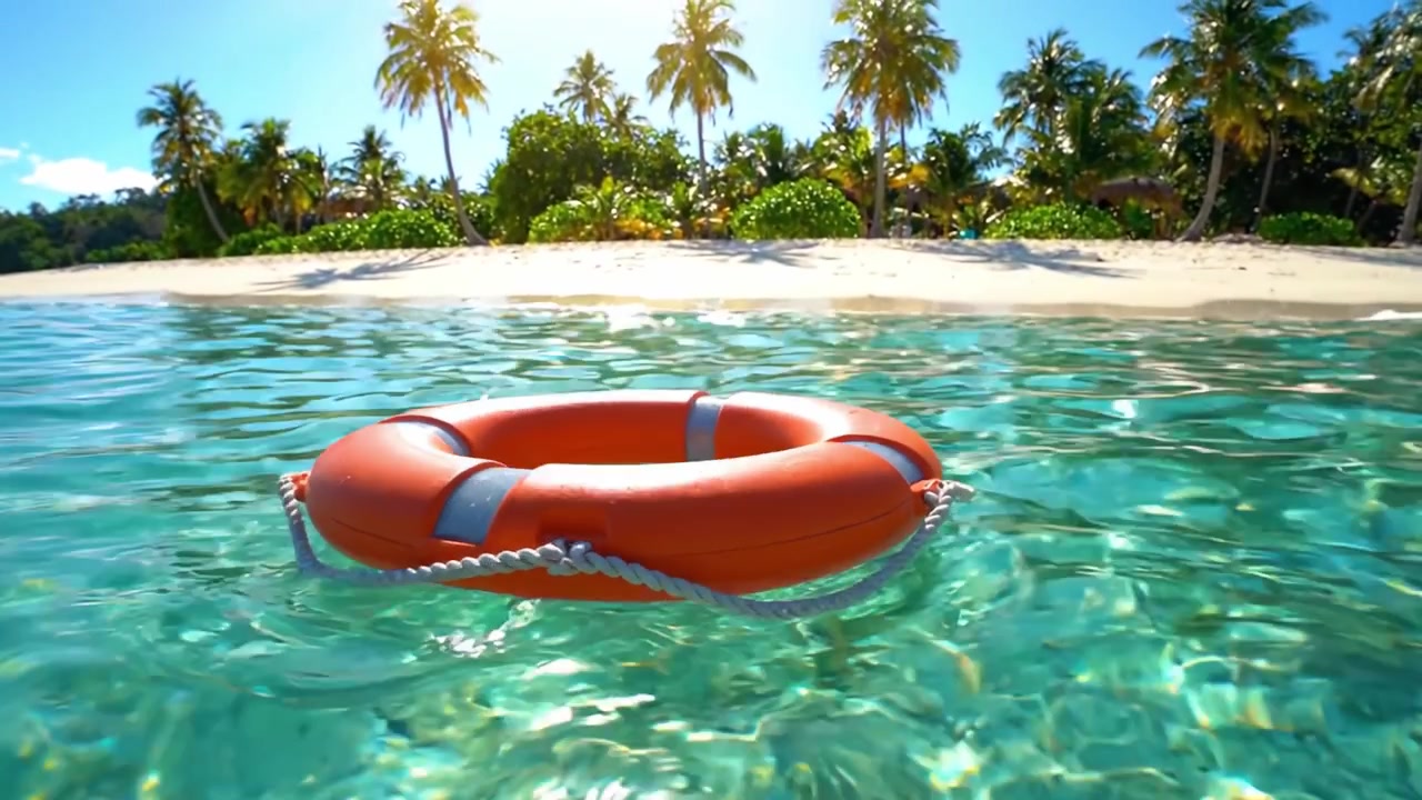 A Tranquil Beach Scene Featuring a Vibrant Lifebuoy Floating in Crystal Clear Waters Accompanied by Lush Tropical Palm Trees Under a Bright Sunshine