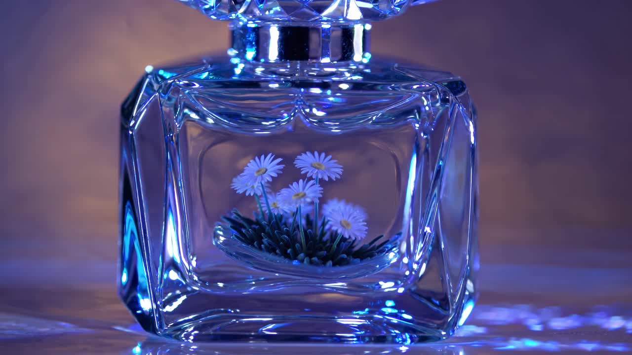 Crystal clear perfume bottle filled with delicate daisies and vibrant grass, evoking a fresh, natural scent while resting on a reflective surface, enhancing its elegant beauty