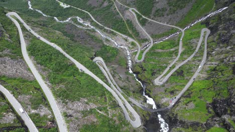 Trollstigen-Mountain-Pass,-Norway---Scenic-Route-with-Hairpin-Turns-in-Romsdalen-Valley---Aerial-Circling