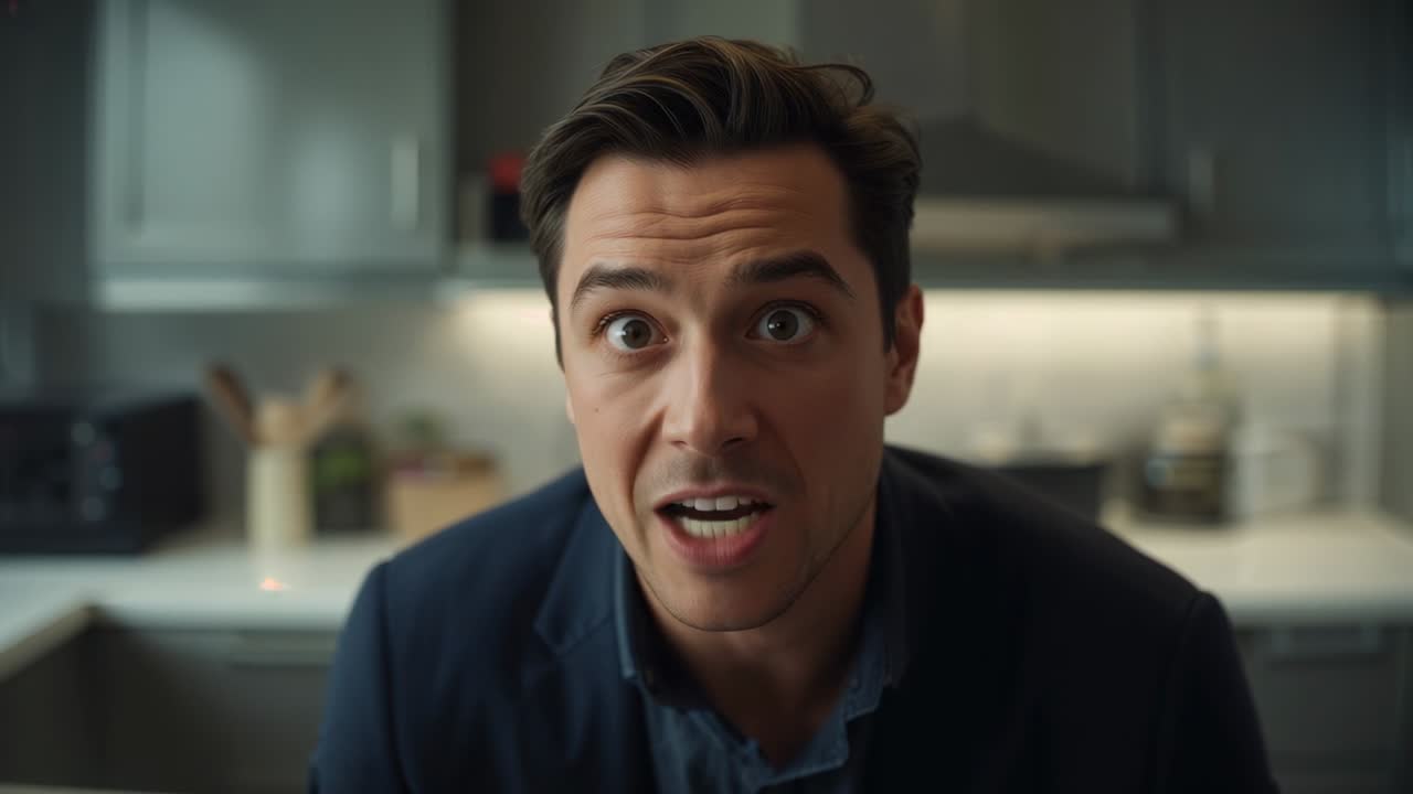 Registrazione che inizia, uomo in blazer che si sporge e parla alla telecamera sorridendo con utensili in una cucina di casa.