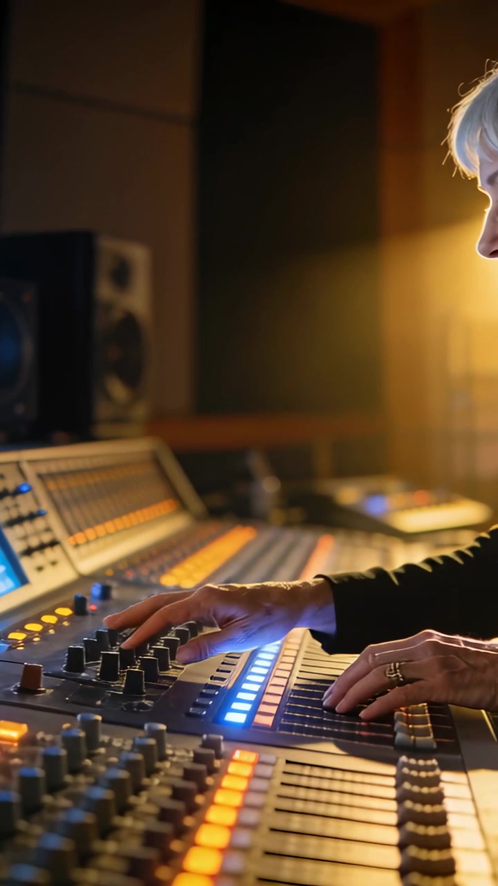 Operating tech wearing dark long-sleeve top moving faders and knobs in studio, console, copy space