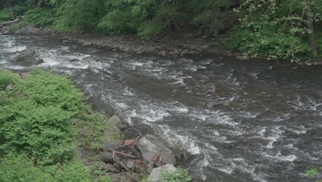 The-Wissahickon-Creek,-high-angle,-flowing-over-rocks-and-stones