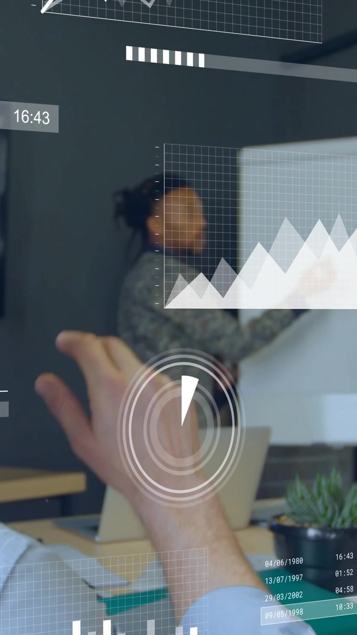 Vertical video: Host drawing on flip in office rep raising hand to ask obscuring view under AR HUD