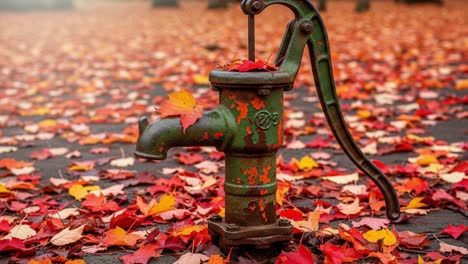 Autumn Serenity: An Old Water Pump Surrounded by Vibrant Fall Leaves, Capturing the Essence of Seasonal Change and Nostalgic Beauty