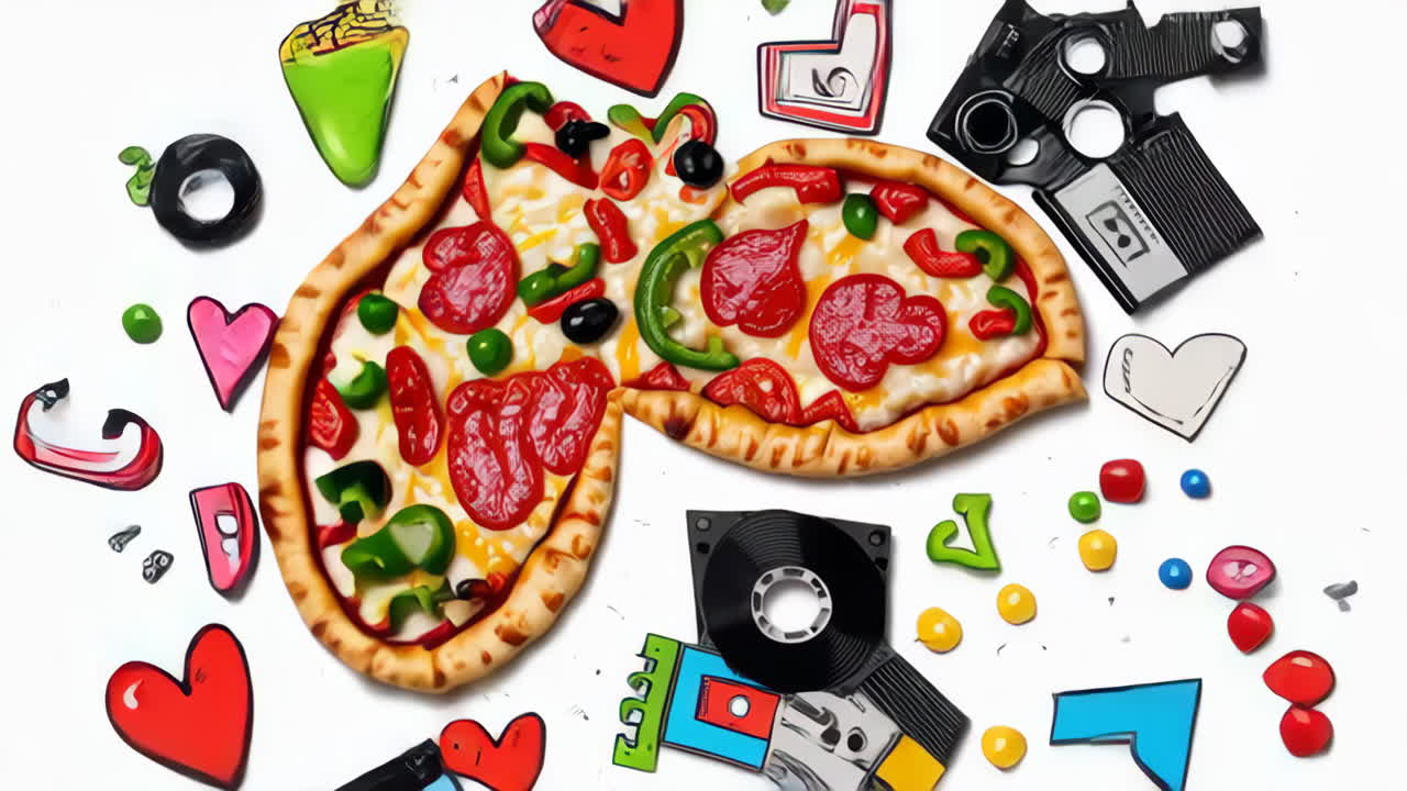 Pizza and Cassette Tapes on White Background