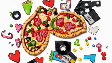 pizza and cassette tapes on white background