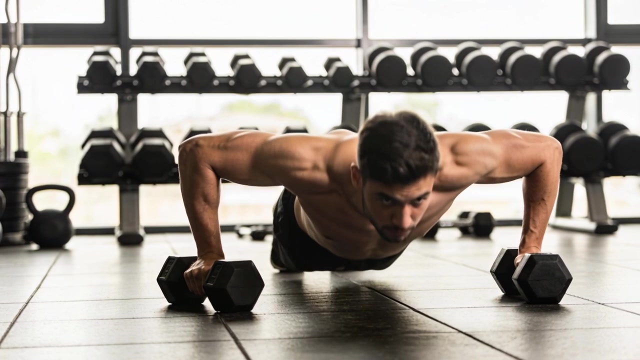 Doing shirtless man lowering then driving up in pushups at gym with hex-dumbbells for strength
