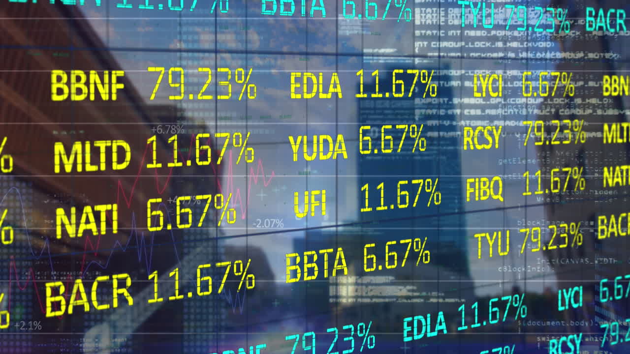 Animation of trading board and multiple graphs over low angle view of buildings against cloudy sky