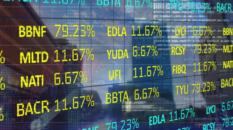 Animation of trading board and multiple graphs over low angle view of buildings against cloudy sky