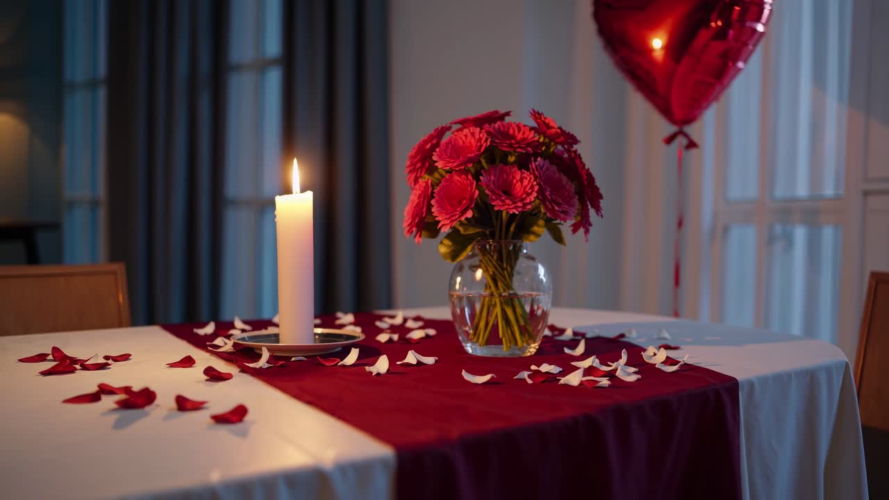 Romantic dinner setup with candlelight and heart balloon, captured from a side angle
