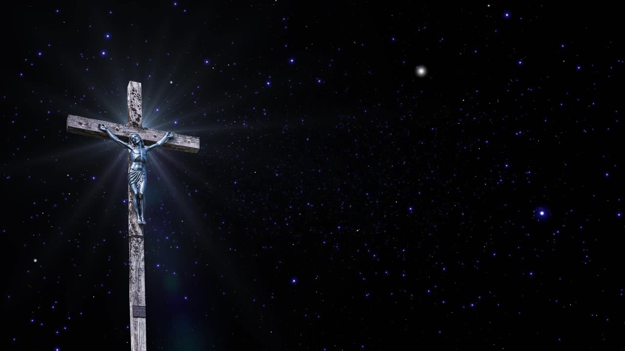 빛나는 밤 하늘을 배경으로 예수 십자가