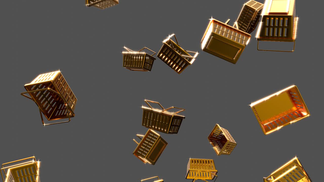 Shining gold shopping baskets on gray background.