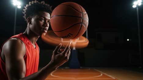 a dynamic display of skill: a young athlete in a striking red jersey balances a spinning basketball while showcasing control and precision on the court