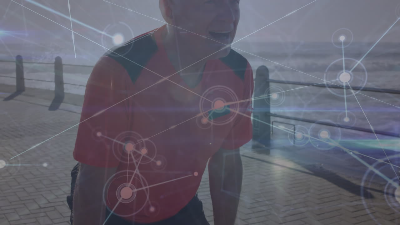 카우카스인 남자가 달리는 연결 네트워크의 애니메이션