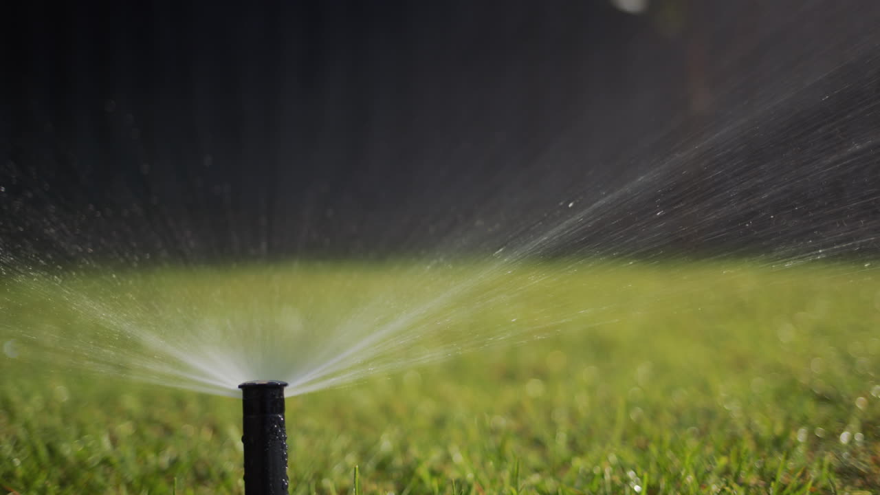 Ripresa con slider: Un getto d'acqua sotto pressione irriga il verde.