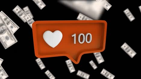animation of dollars and social media reactions over black background