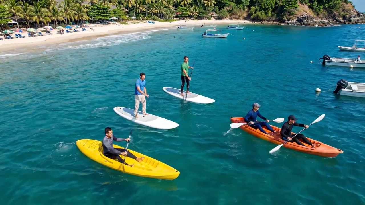 Group of Friends Kayaking and Paddleboarding in Tropical Bay