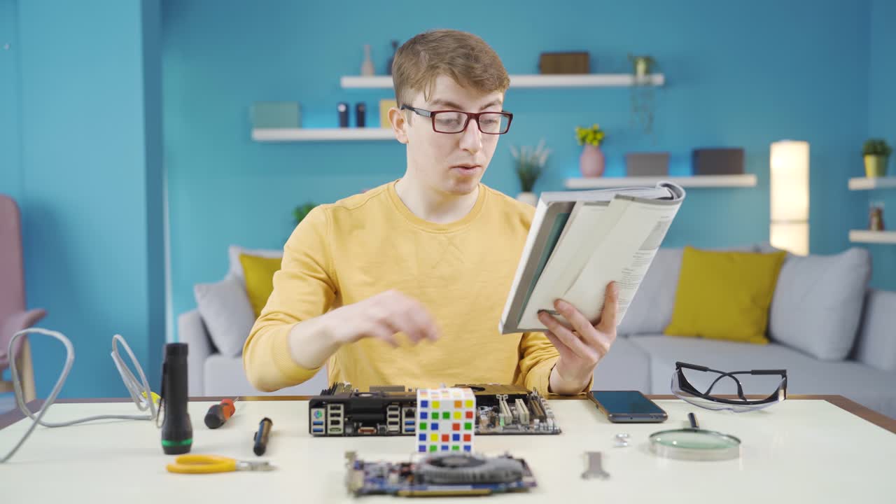 Young man researching technology.