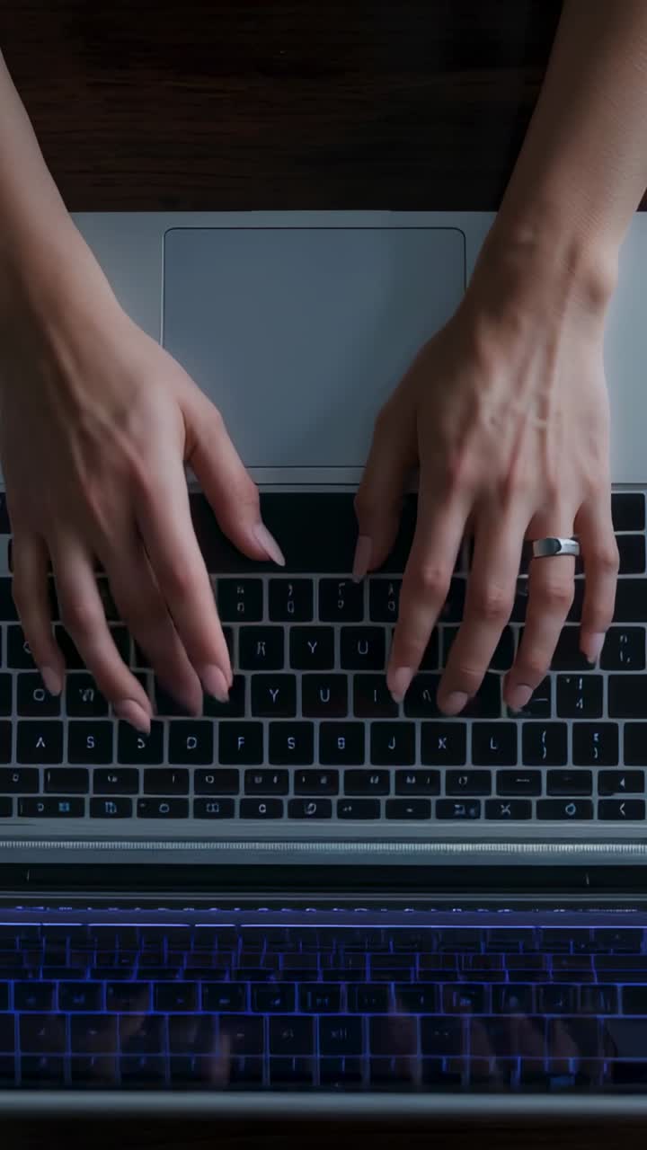Video verticale: mani sospese che iniziano a digitare su un portatile alla scrivania, anello di metallo, luce blu per lavoro