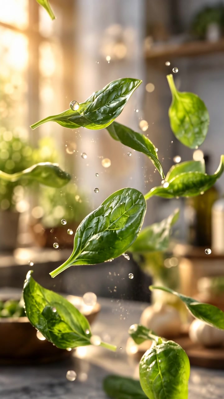 Diverse foglie verdi lucide si muovono nell'inquadratura mentre le goccioline brillano nella luce dorata, con una profondità di campo ridotta, arredi morbidi sullo sfondo e fogliame fresco disposto in primo piano e al centro.