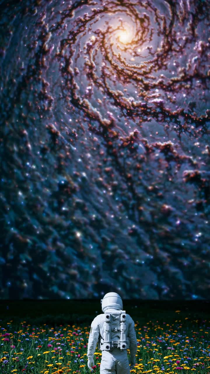 A surreal video concept with an astronaut in a field of flowers, gazing at a swirling galaxy
