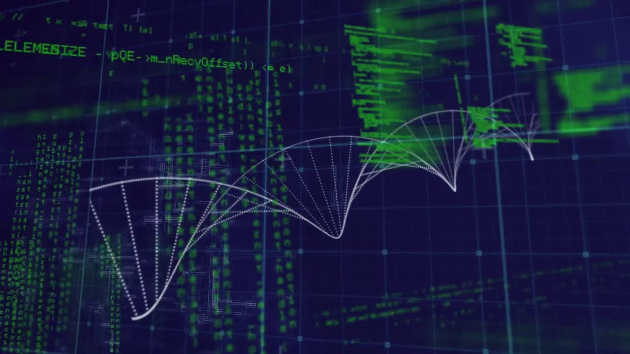 animación de la cadena de adn sobre el procesamiento de datos en fondo negro