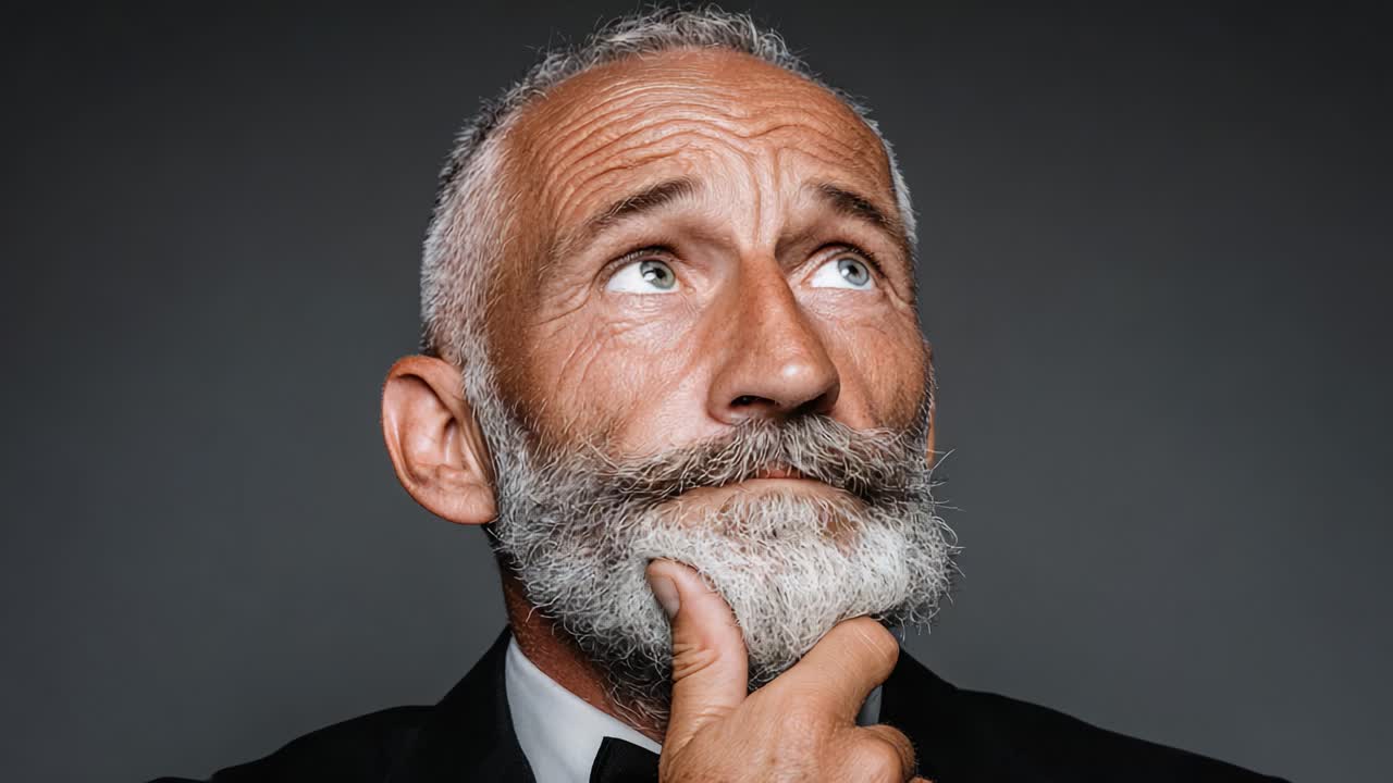 Um Homem Pensativo Refletindo em um Cenário Formal com Aparência Sofisticada e Cabelos Prateados, Ponderando Questões Profundas com uma Expressão Contemplativa