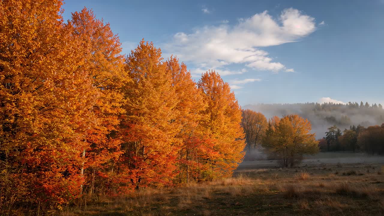 Panning camera capturing deciduous trees with orange-red foliage on left, revealing misty meadow