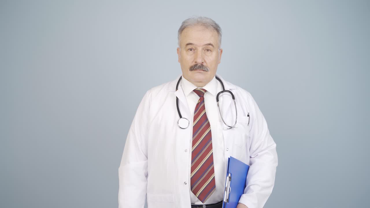 The doctor looks at the camera with a plain expression.