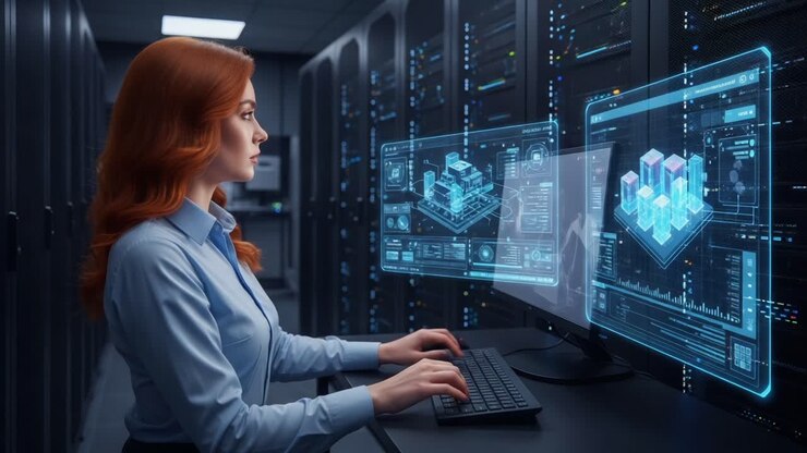 A Professional Woman Analyzing Data Visualizations in a Modern Server Room, Engaged in High-Tech Research and Development with Advanced Graphics on Display