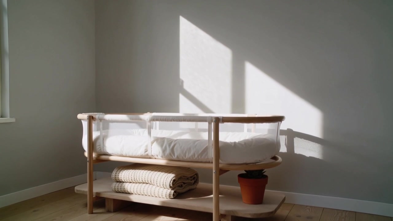 Tilting camera upward, wooden bassinet resting in sunlit corner, showing blanket, plant, shadow