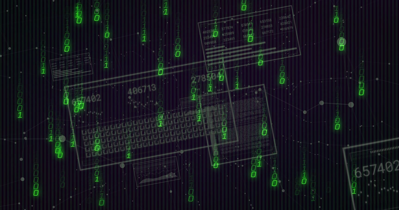Flat design network showing cascading binary digits with floating keyboard schematic linking nodes