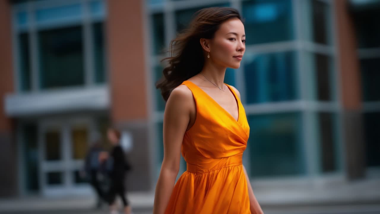 Confident Elegance: A Woman in an Orange Dress Strolling Through a Modern Urban Landscape, Radiating Style and Poise Amidst a Busy Background