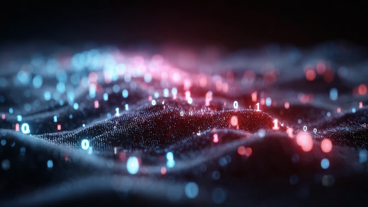 A Stunning Visualization of Digital Waves in Vibrant Colors Showcasing Binary Data Flowing Across a Three-Dimensional Surface of Light and Color Variations