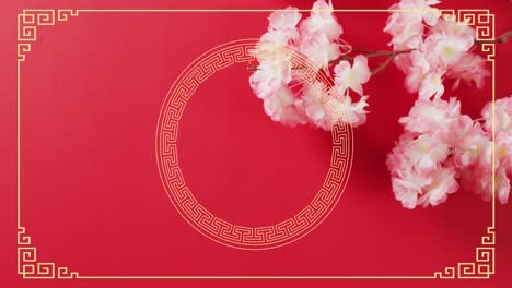 animation of chinese pattern and blossom decoration on red background