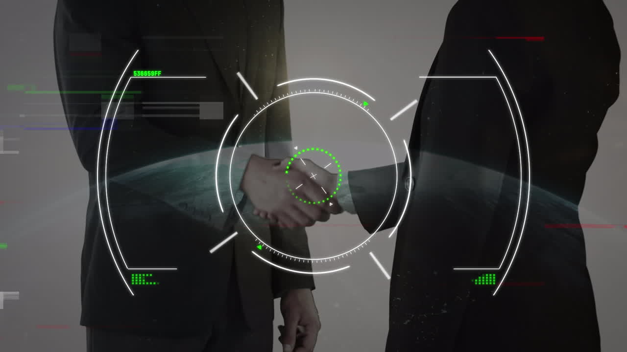 escaneo de alcance sobre la sección media de un hombre de negocios y una mujer de negocios estrechando las manos contra el globo