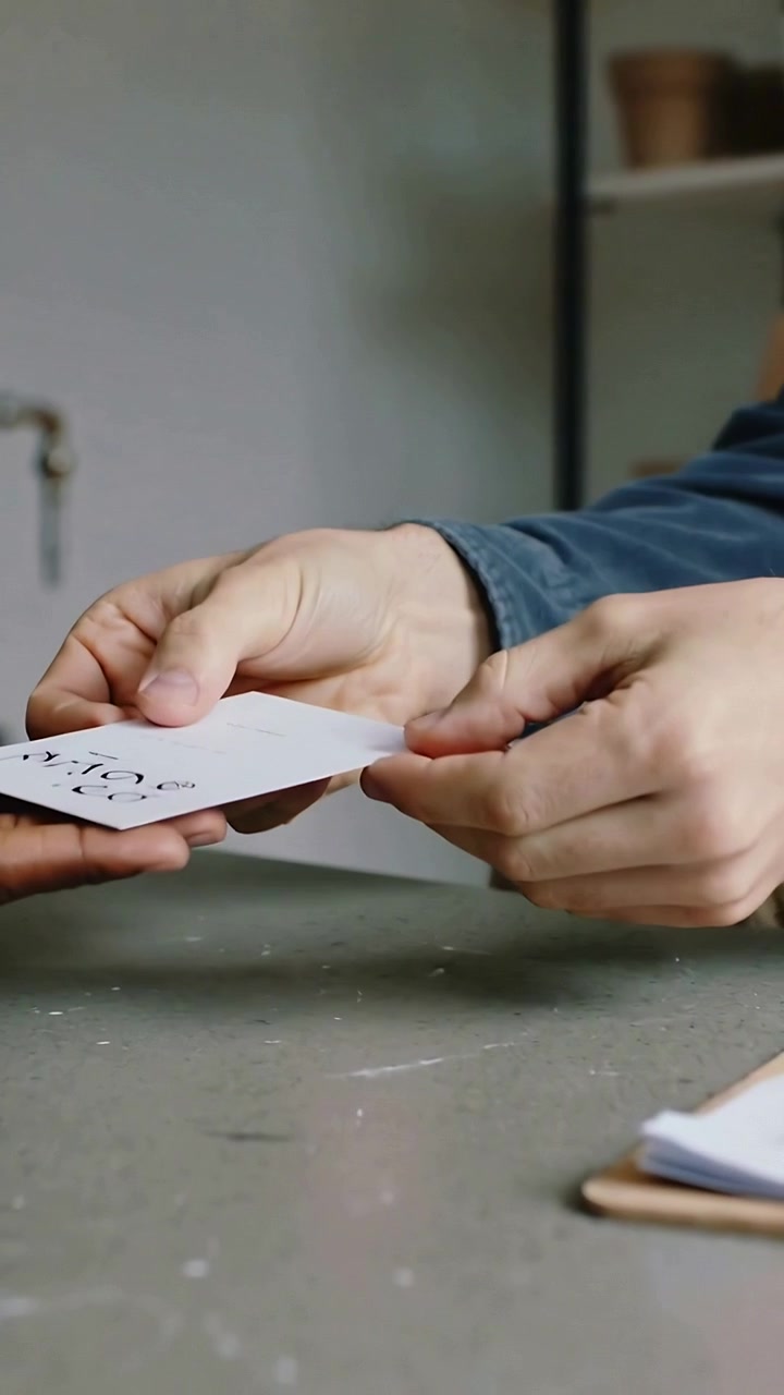 Vertical video: Pushing staff extending card across desk for docs, clipboard and pen, blue shirt