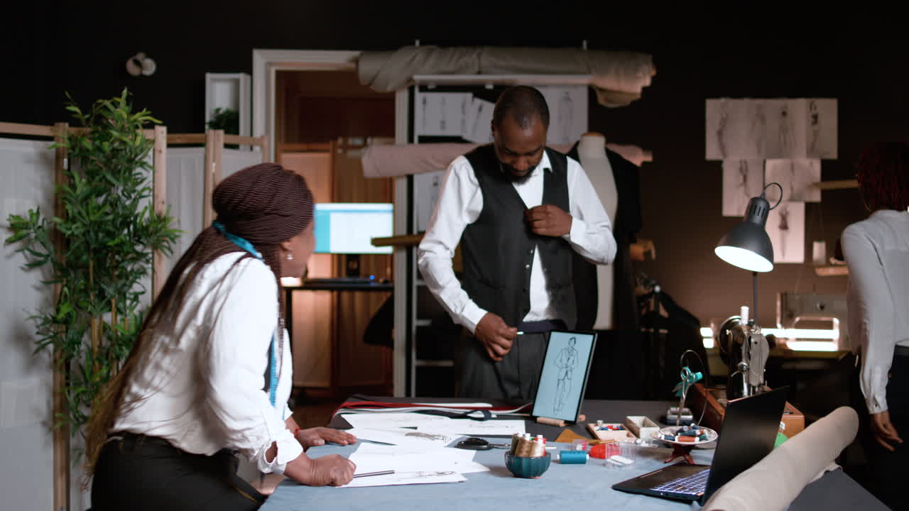 Tailor carrying fabric roll and working