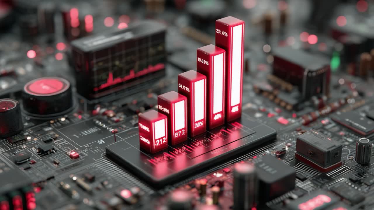 Glowing red digital bar graph visualizing financial data and statistics rising on a futuristic circuit board, representing tech industry progress, market analysis, and successful investment returns